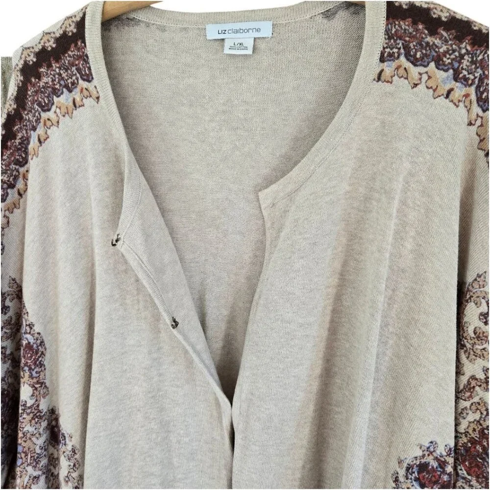 Liz Claiborne Womens L/XL Cotton Beige & Burgundy Floral Ruana Poncho Shawl - Picture 4 of 9